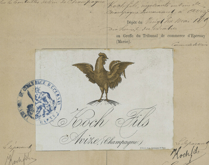 &Eacute;tiquette du d&eacute;p&ocirc;t de marque de 1879, le coq en or sur blanc