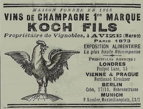Publicité d’époque du Champagne Koch Fils, Avize — plus haute récompense Exposition alimentaire - Paris 1873, agences à Londres, Vienne, Prague, Berlin et Munich